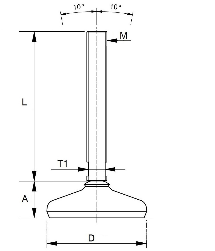 Hygienic levelling feet in hygienic design HLF50-M16-L50-W