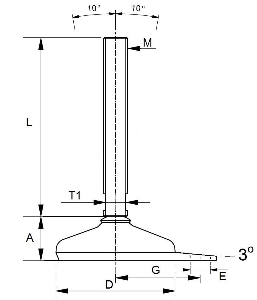 Hygienic machine feet in hygienic design HMF81-M36-L330-R19