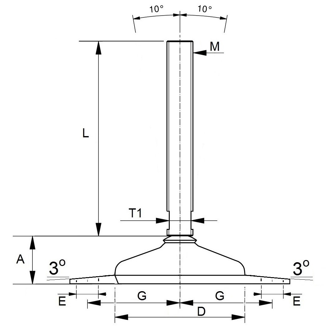 Hygienic levelling feet in hygienic design HLF62-M24-L180-R19