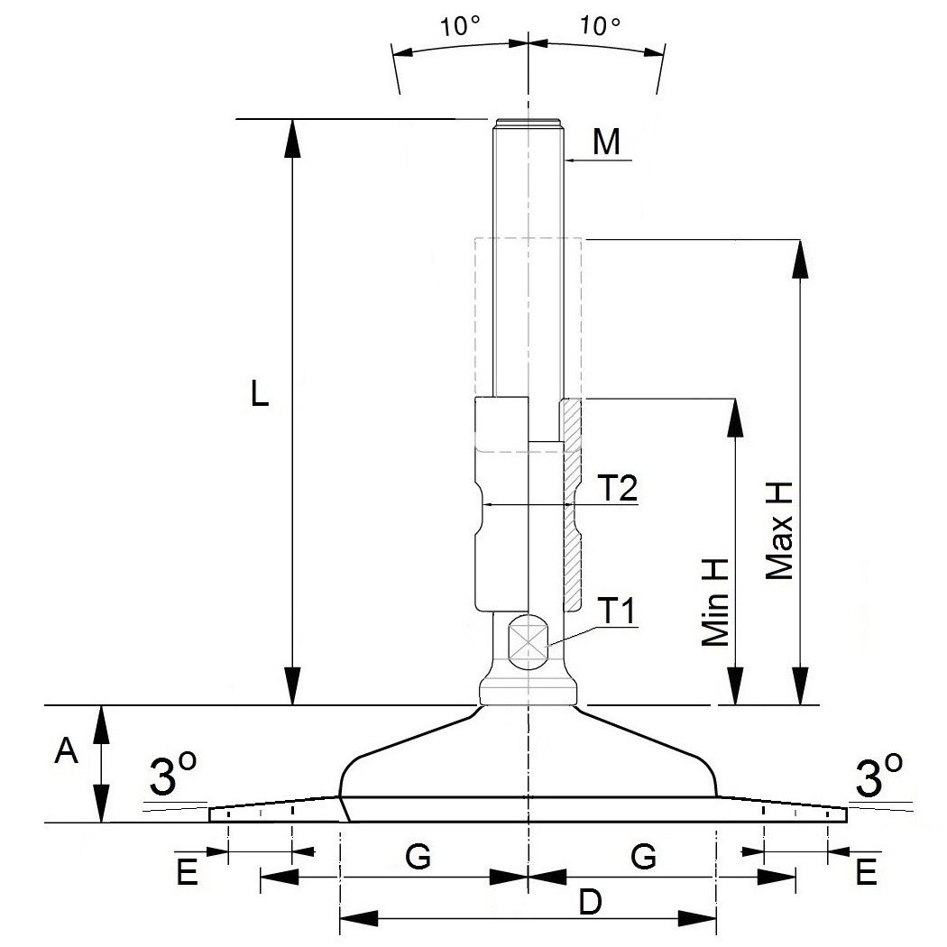 Certified hygienic machine feet HMF62-3A-M20-L155