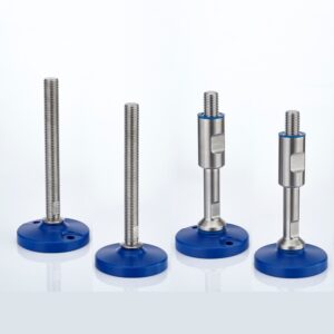 Adjustable feet with blue base plate in hygienic design