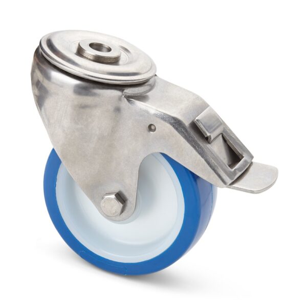 Hygienic swivel castor with total lock and wheel centre made of polyamide and tread made of polyurethane