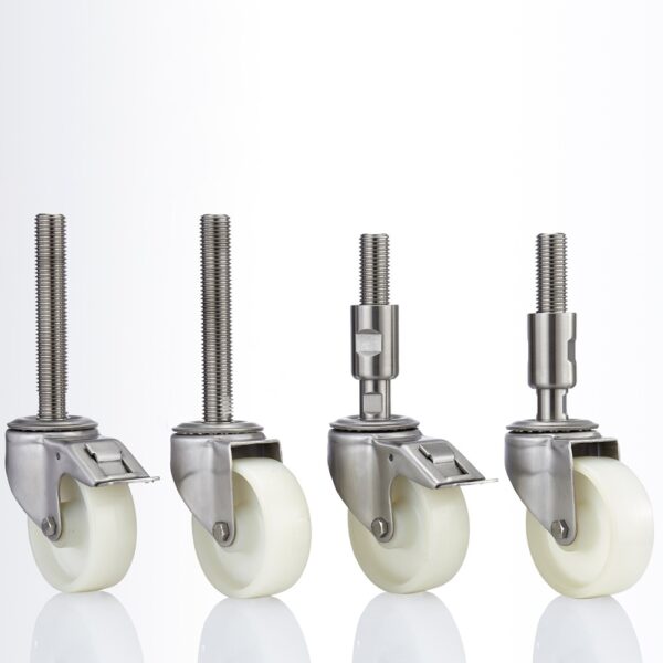 Leveling castor in hygienic design with wheel centre made of polyamide and stainless steel spindle mounting