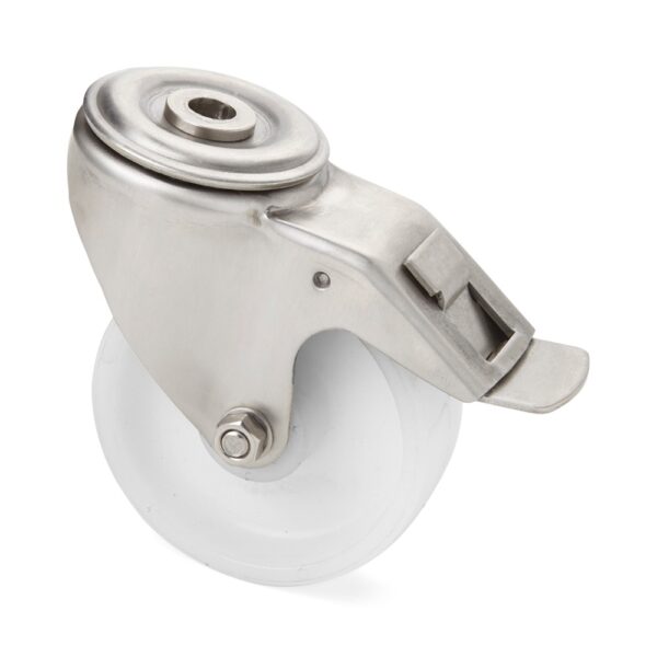 Hygienic swivel castor with total lock and wheel centre made of polyamide