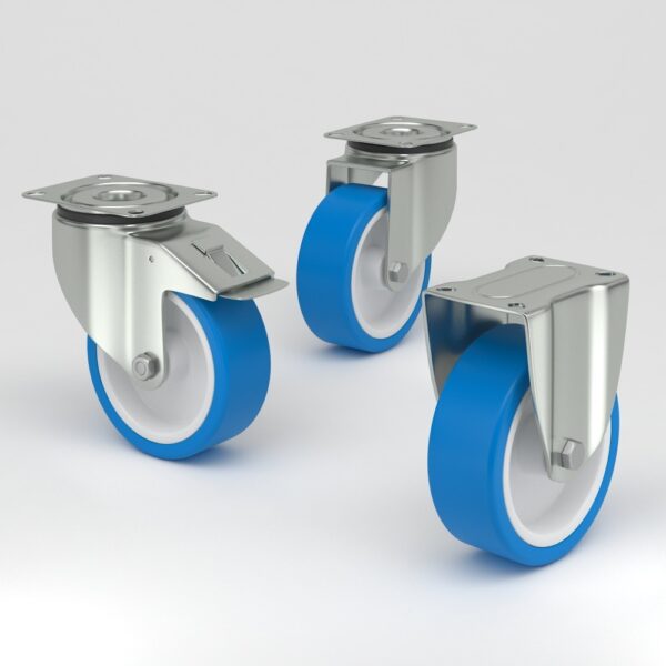 Ruedas industriales azules con diseño higiénico (6)