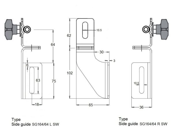Hygienic swivel side guide bracket in stainless steel SG164 SW