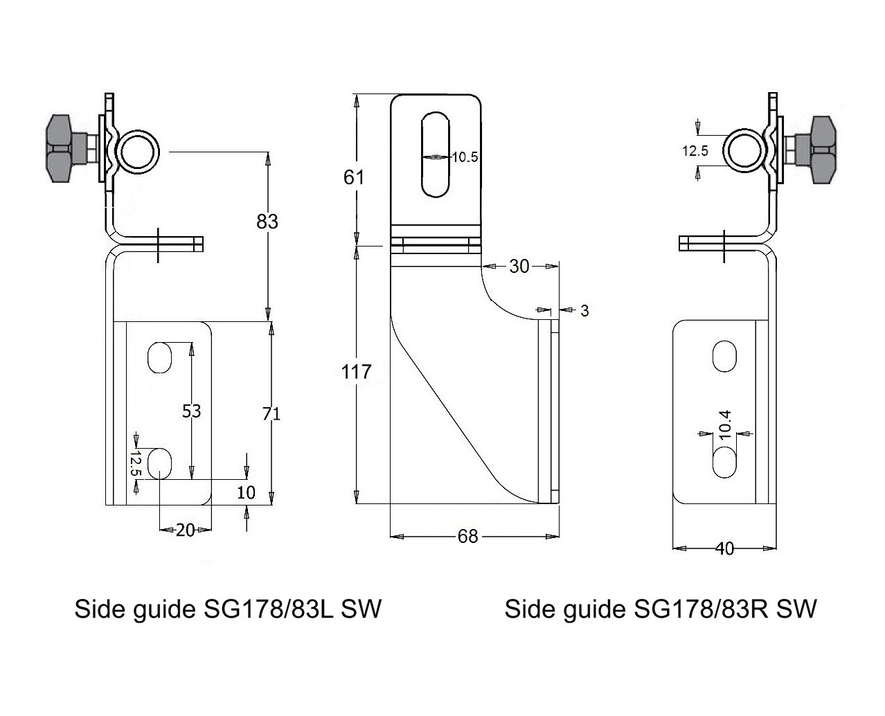 Sanitary swivel side guide bracket in stainless steel