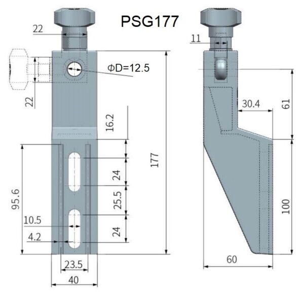 Sidestyrebeslag i forstærket polyamid medium PSG177 tegning