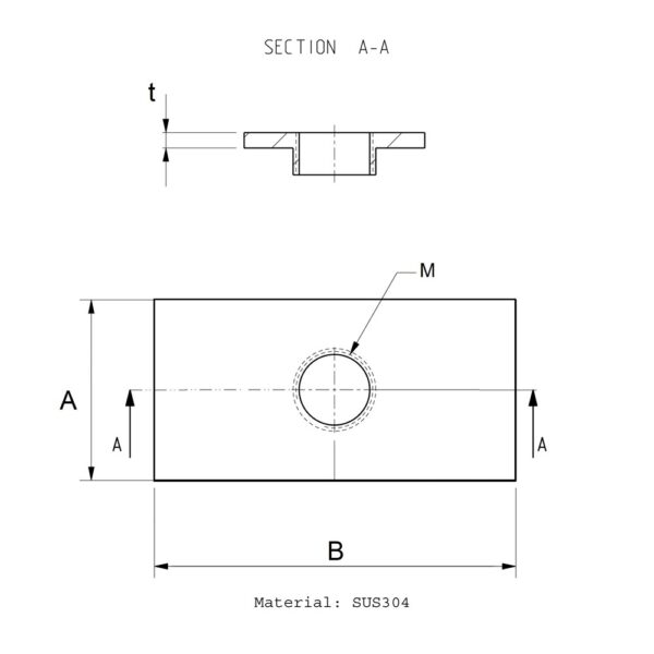 Rectangular welding plate in stainless steel SUS304 drawing