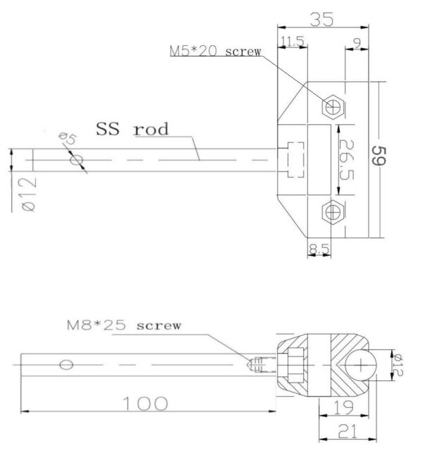 NHK 512 Single Long Clamps for Round Side Guide Rails with rod drawing