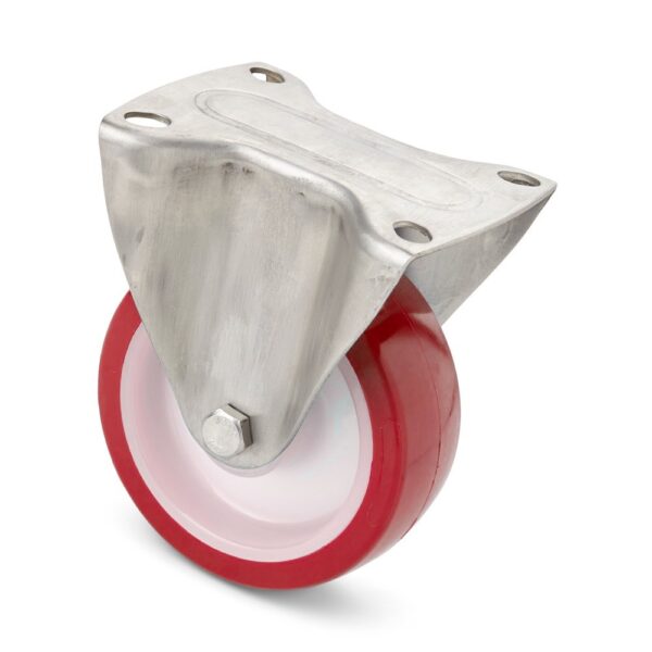 Industrial fixed castor with wheel centre made of polyamide and tread made of polyurethane