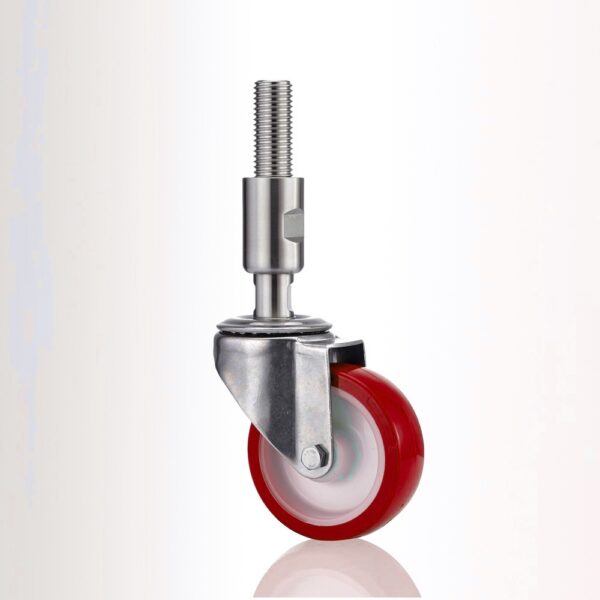 Leveling castor in hygienic design with wheel centre made of polyamide and tread made of polyurethane and stainless steel spindle mounting