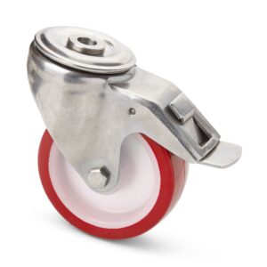 Hygienic swivel castor with total lock and wheel centre made of polyamide and tread made of polyurethane