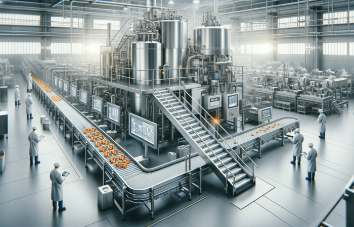 Un moderno sistema de procesamiento de alimentos en un entorno industrial. La imagen debe representar una gran maquinaria de acero inoxidable con cintas transportadoras.