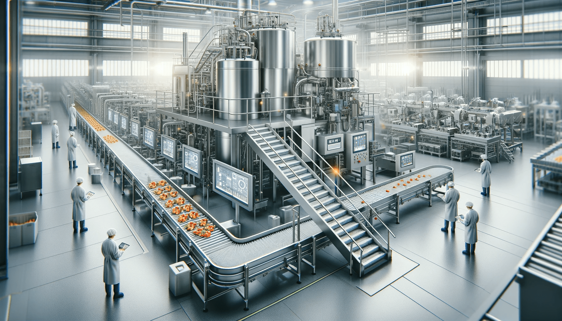 A modern food processing system in an industrial setting. The image should depict a large, stainless steel machinery with conveyor belts