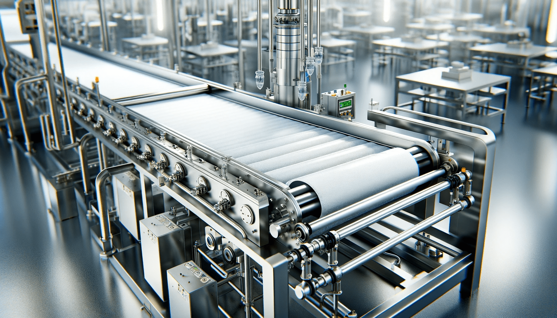 食品産業向けに設計された最新の衛生的なコンベア システム。このシステムは、洗練されたステンレス鋼構造を特徴としています。