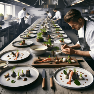 A scene in a restaurant kitchen showing a chef meticulously preparing a selection of New Nordic cuisine on white ceramic plates, which are arranged on