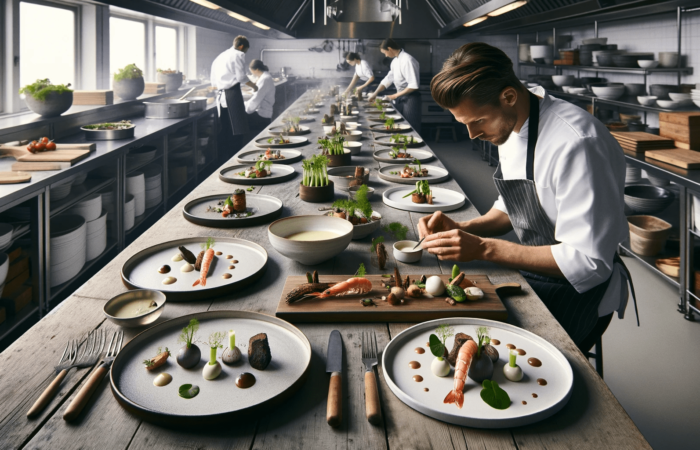 A scene in a restaurant kitchen showing a chef meticulously preparing a selection of New Nordic cuisine on white ceramic plates, which are arranged on