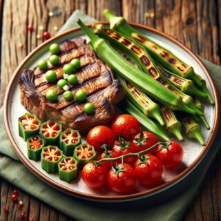 A white ceramic plate featuring grilled meat, green ladies finger vegetables (okra), and red cherry tomatoes. The grilled meat has golden-brown grill