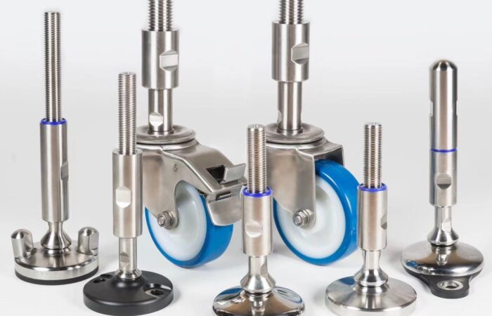 Pies niveladores y ruedas con certificación higiénica para máquina con soportes y husillos de acero inoxidable