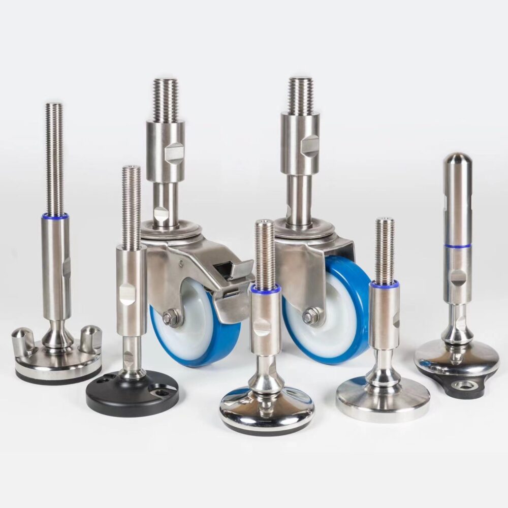 Hygienic certified machine leveling feet and castor with stainless steel brackets and spindles