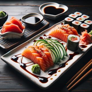 Dwa białe prostokątne talerze ceramiczne na ciemnym drewnianym stole, jeden z plasterkami sashimi z łososia przyozdobionym cienkimi plasterkami ogórka i wasabi