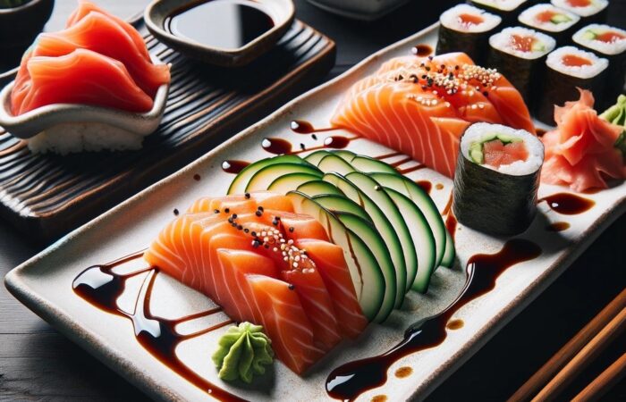 Due piatti bianchi rettangolari in ceramica su un tavolo di legno scuro, uno con fette di sashimi di salmone guarnito con sottili fette di cetriolo e wasabi