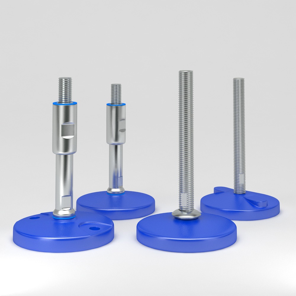 Adjustable feet with blue plastic base plate in hygienic design