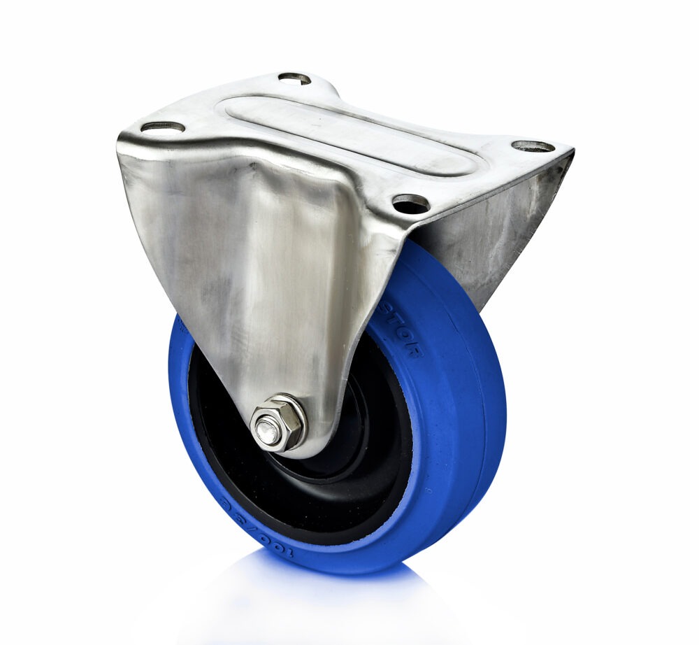 Fixed castor Stainless castor with wheel made of polyamide and blue elastic-tire and plate mounting