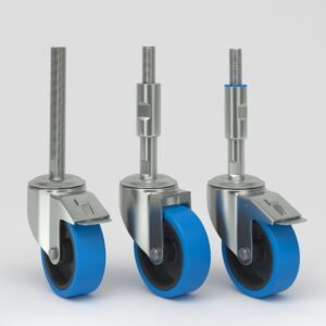 Leveling castor in hygienic design with wheel centre made of polyamide and tread made of non-marking elastic-tire and stainless steel spindle mounting