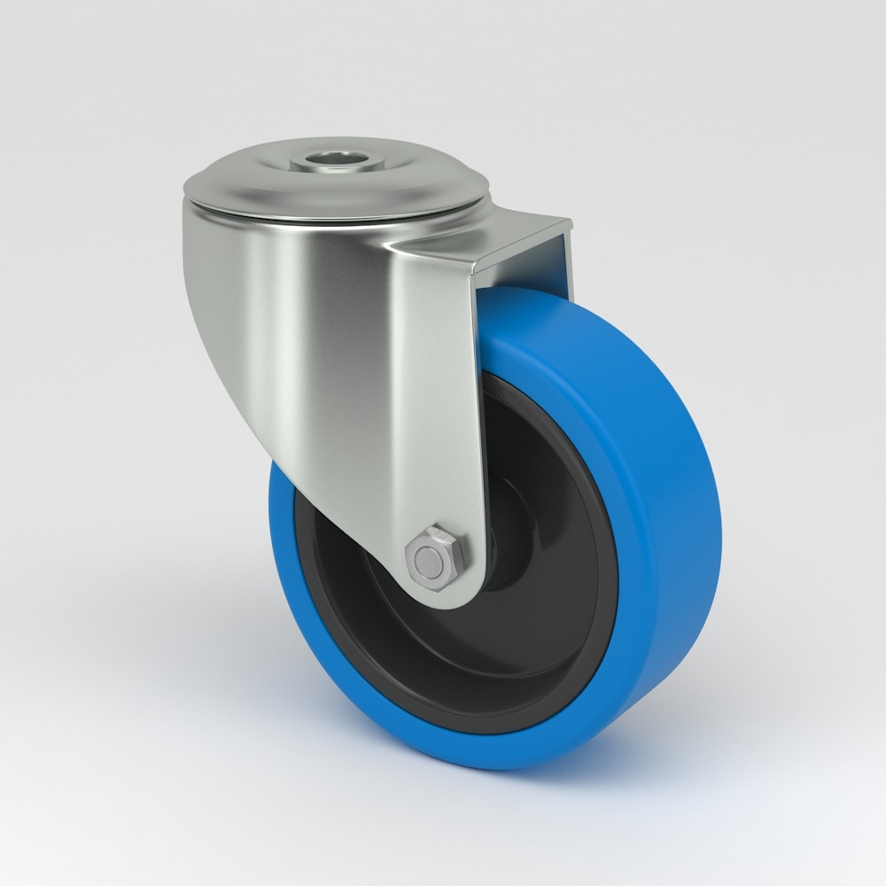 Roulette pivotante de conception hygiénique avec corps de roue en polyamide et bande de roulement en élastique bleu non marquant et support de fourche en acier inoxydable avec fixation à trou de boulon unique