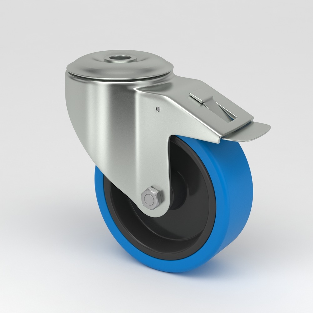 Drejehjul i hygiejnisk design med hjulcenter af polyamid og slidbane af blåt ikke-mærkende elastisk dæk og rustfrit stål gaffelbeslag med enkelt bolt hul montering