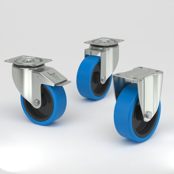 Industrial castor in hygienic design with wheel centre made of polyamide and tread made of non-marking elastic-tire and stainless steel plate fork mounting