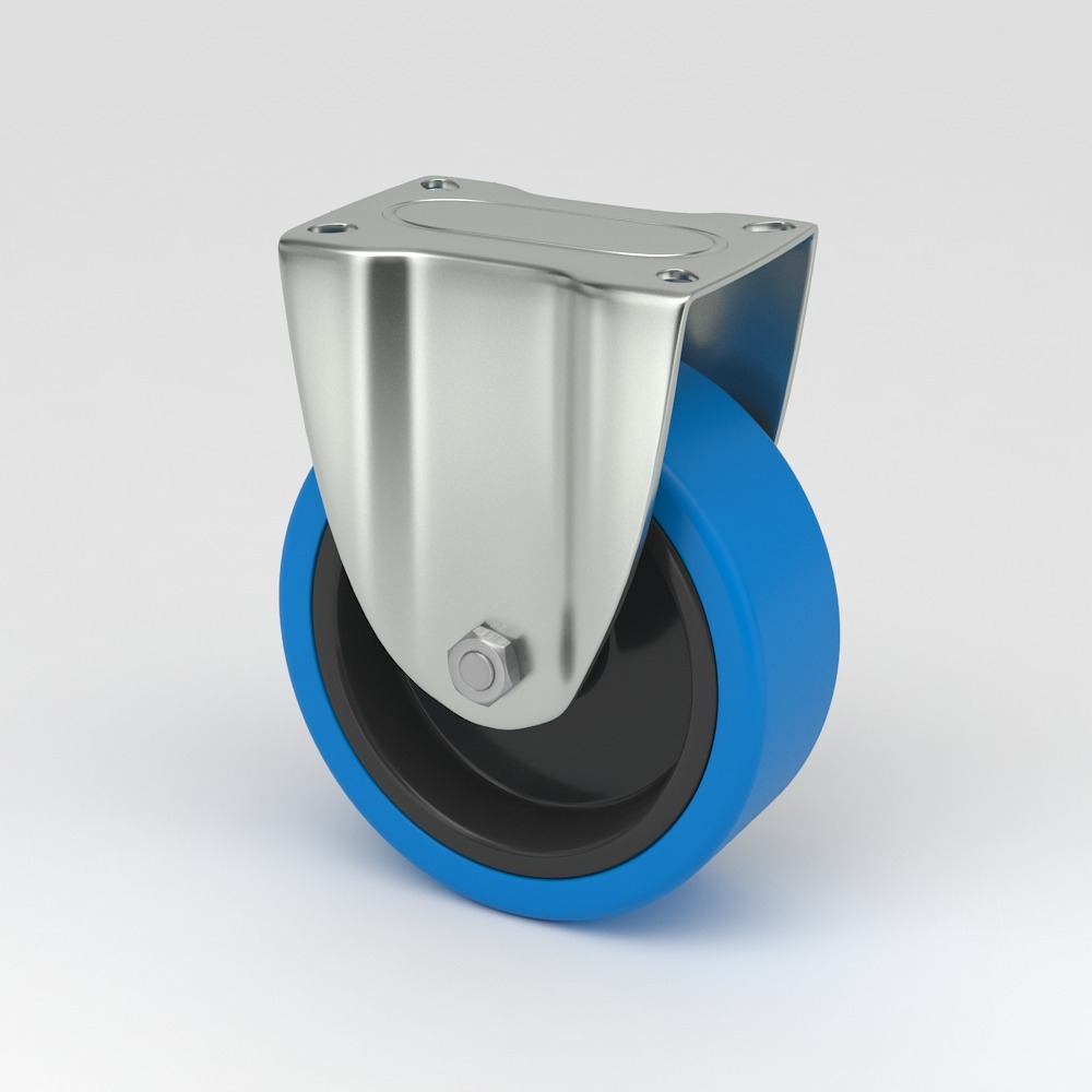 Zestaw kołowy przemysłowy o higienicznej konstrukcji z tarczą koła wykonaną z poliamidu i bieżnikiem z niebieskiej niebrudzącej elastycznej opony oraz mocowaniem wideł z płytką ze stali nierdzewnej