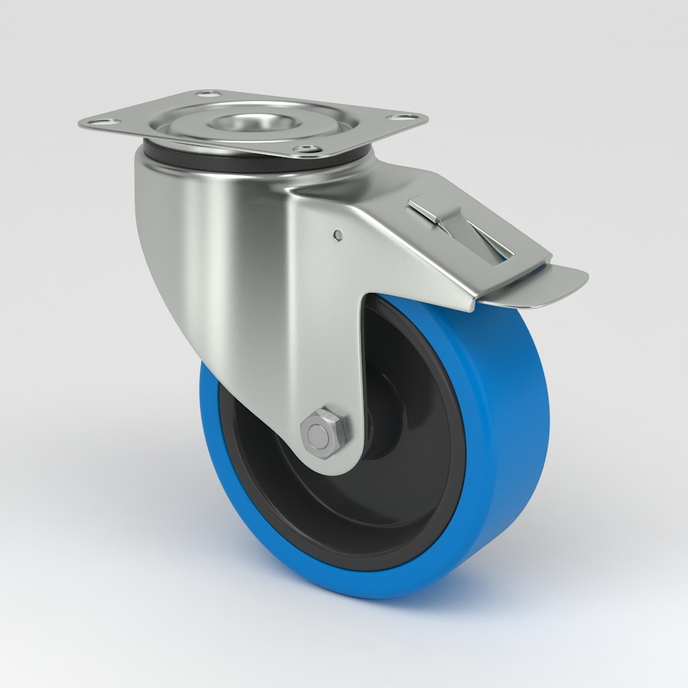 Industrielt hjul i hygiejnisk design med hjulcenter lavet af polyamid og slidbane af blåt ikke-mærkende elastisk dæk og rustfrit stål pladegaffel montering