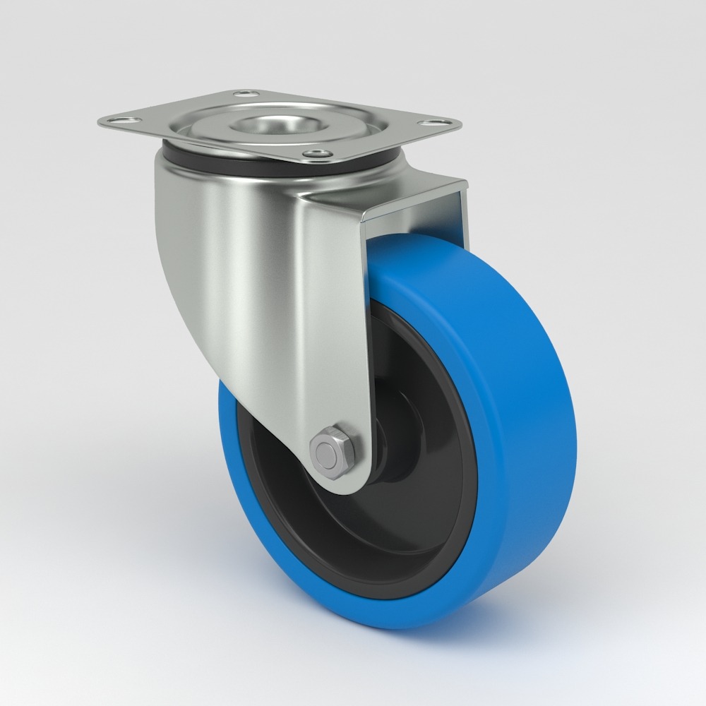 Roulette industrielle de conception hygiénique avec corps de roue en polyamide et bande de roulement en élastique bleu non marquant et fixation à fourche en tôle d'acier inoxydable