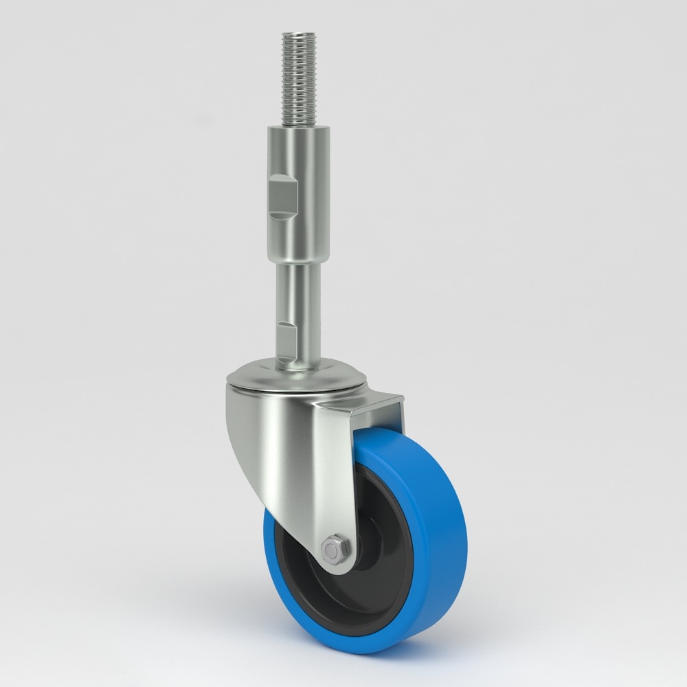 Roulette de nivellement de conception hygiénique avec corps de roue en polyamide et bande de roulement en élastique bleu non marquant et fixation par axe en acier inoxydable
