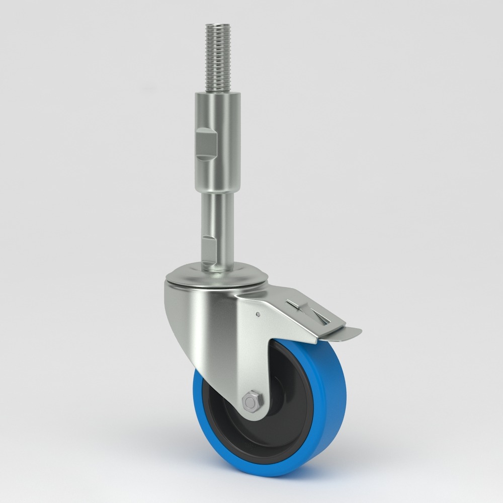 Nivelleringshjul i hygiejnisk design med hjulcenter af polyamid og slidbane af blåt ikke-mærkende elastisk dæk og spindelbeslag i rustfrit stål