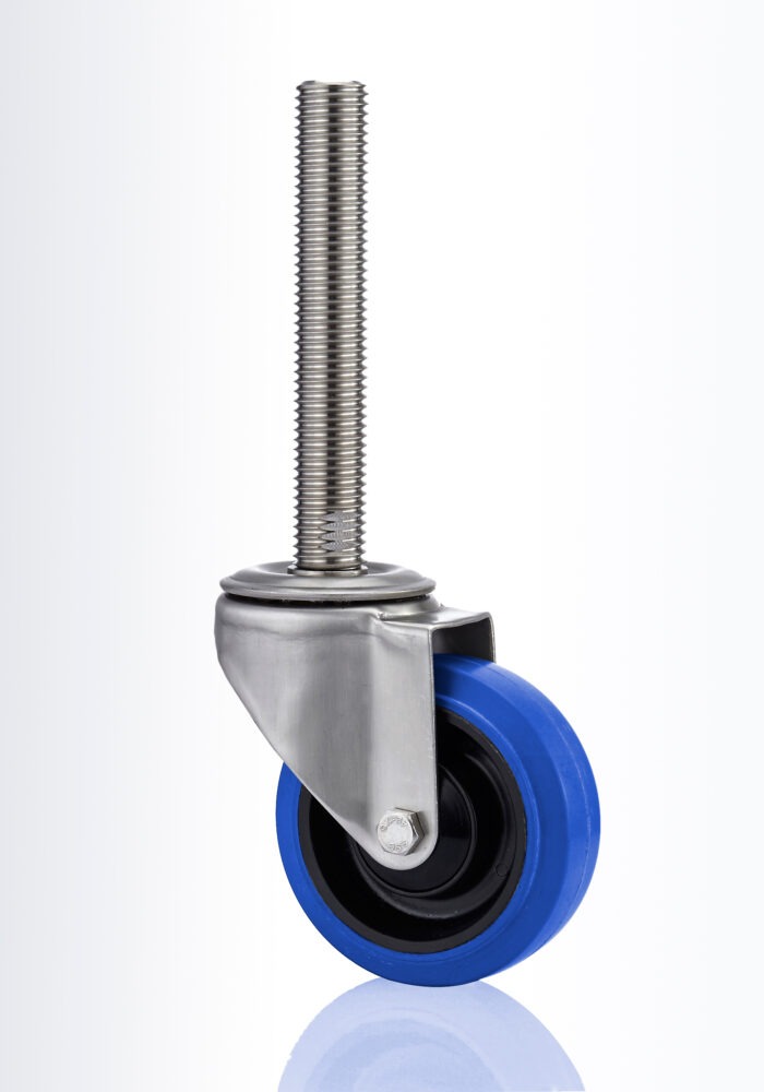 Swivel castor, fork bracket made of 3mm EN 1.4301 / AISI 304 stainless steel plate, double ball bearing swivel head, wheel axle with plain bearing, full threaded spindle fitting.