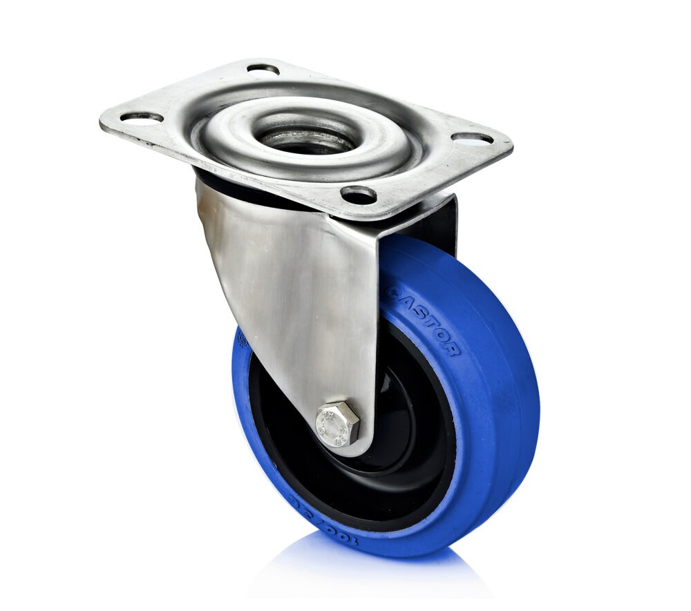Swivel castor Stainless castor with wheel made of polyamide and blue elastic-tire and plate mounting