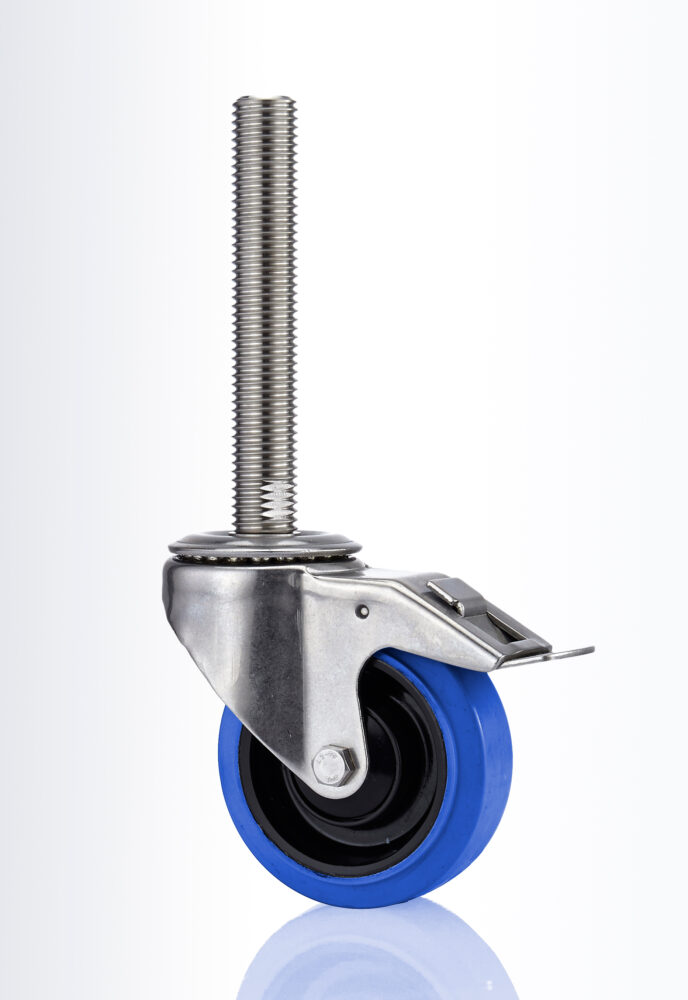 Swivel castor with total lock, fork bracket made of 3mm EN 1.4301 / AISI 304 stainless steel plate, double ball bearing swivel head, wheel axle with plain bearing, full threaded spindle fitting.