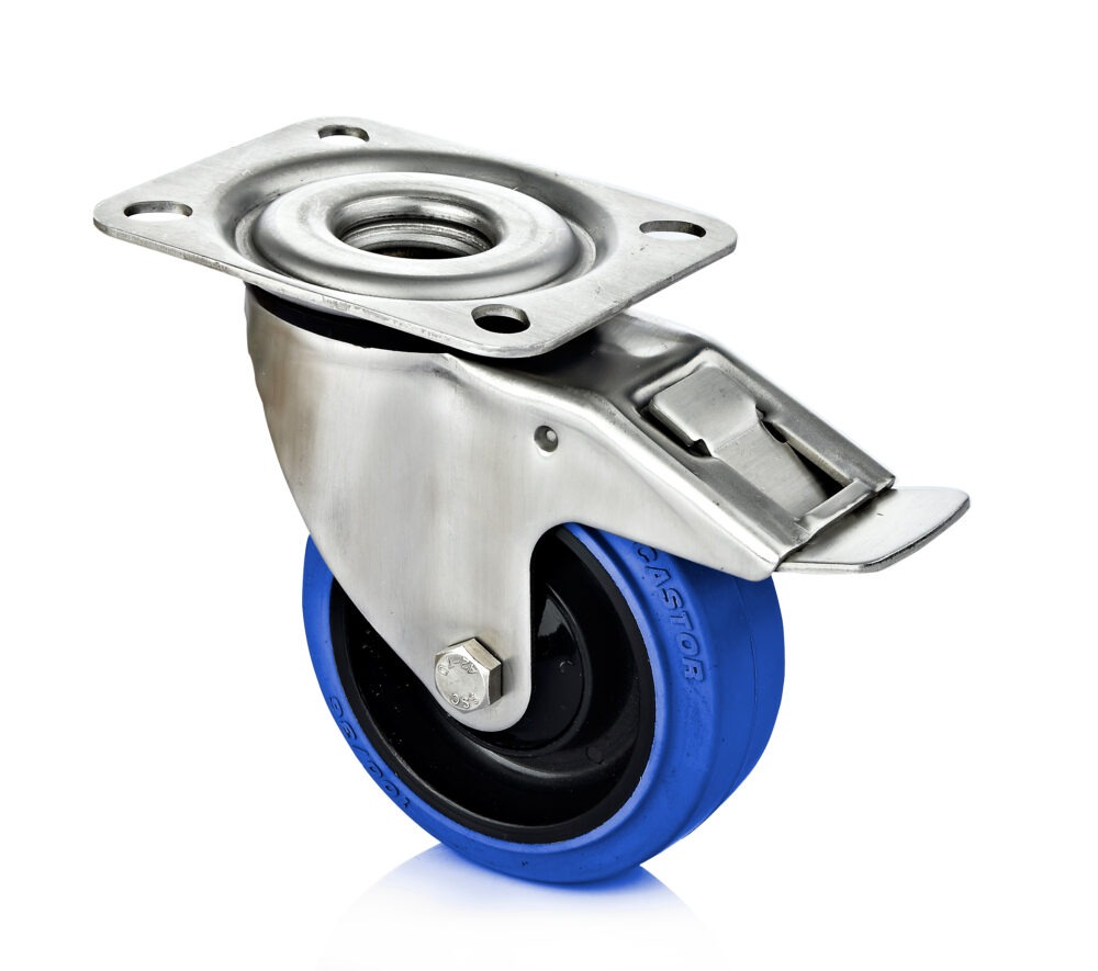 Swivel castor with total lock Stainless castor with wheel made of polyamide and blue elastic-tire and plate mounting