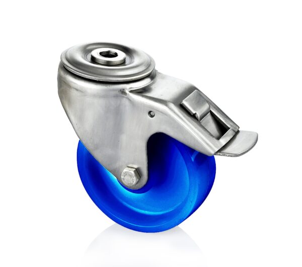 Hygienic swivel castor with total lock and wheel centre made of blue polyamide