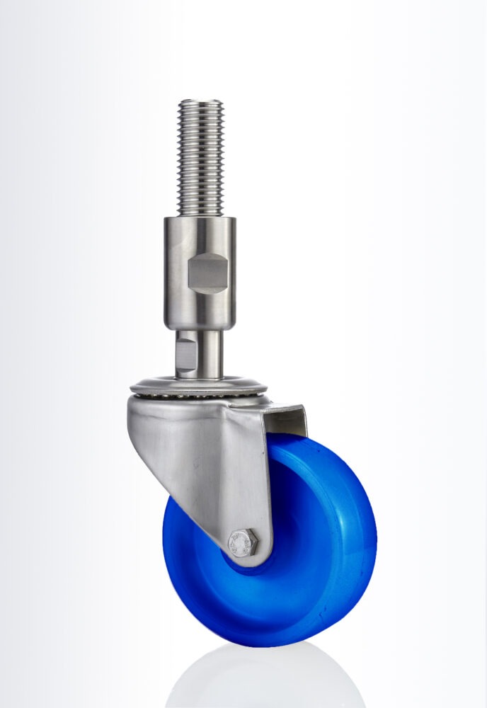 Leveling swivel castor with stainless steel bracket and spindle with protecting sleeve