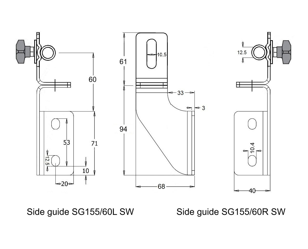 Sanitary swivel side guide bracket in stainless steel