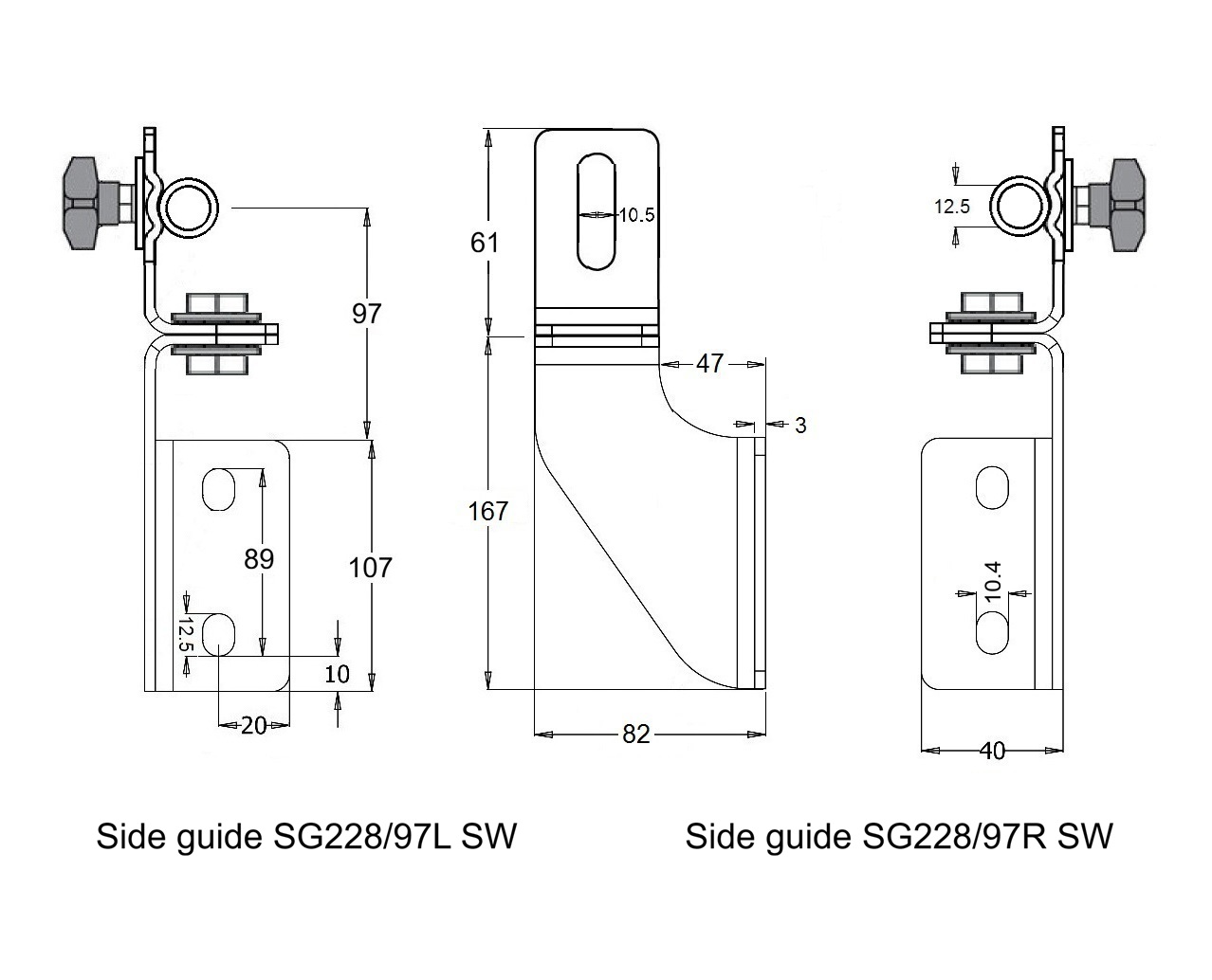 Sanitary swivel side guide bracket in stainless steel
