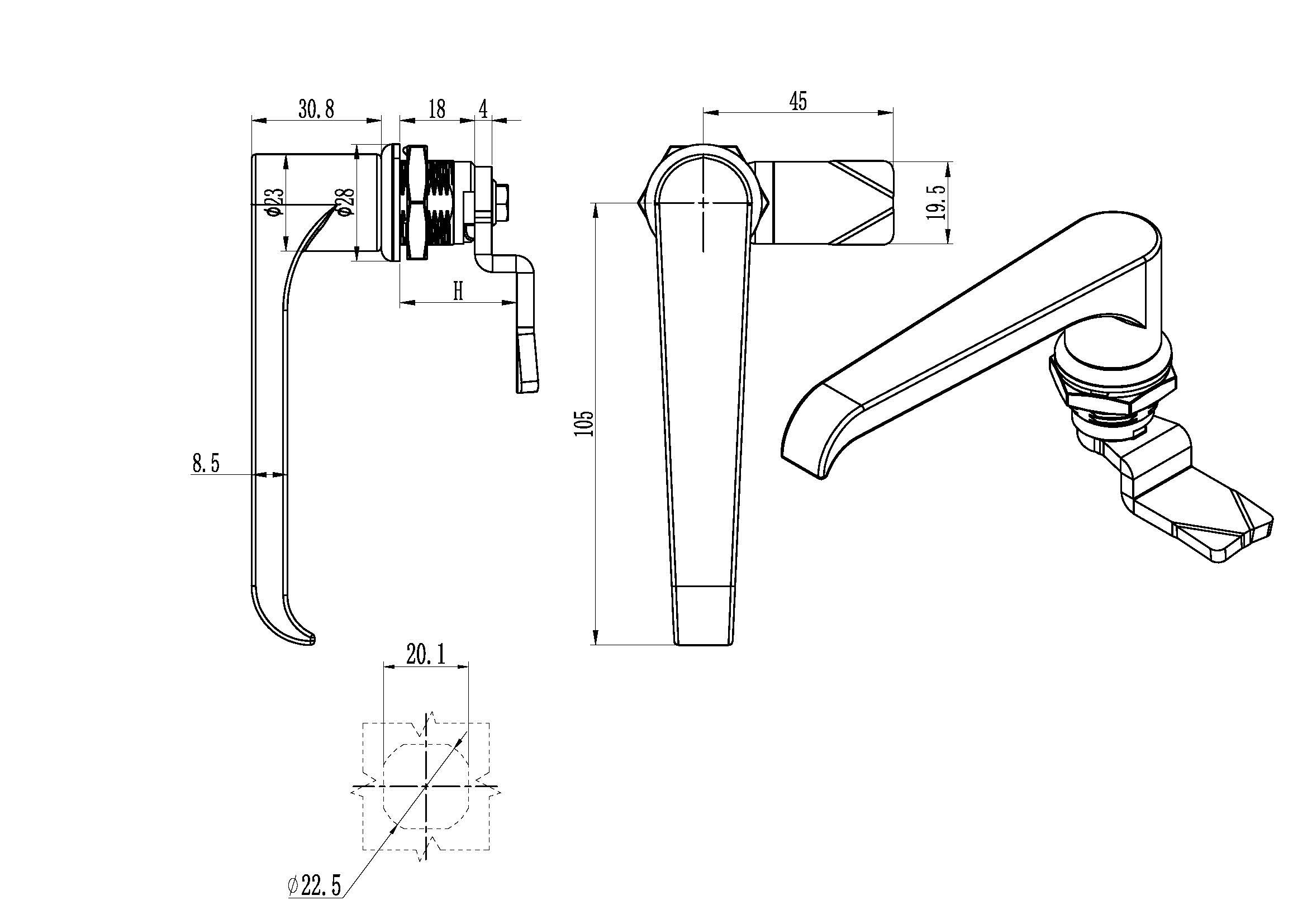 3-A hygienic quarter-turn lock with L-grip