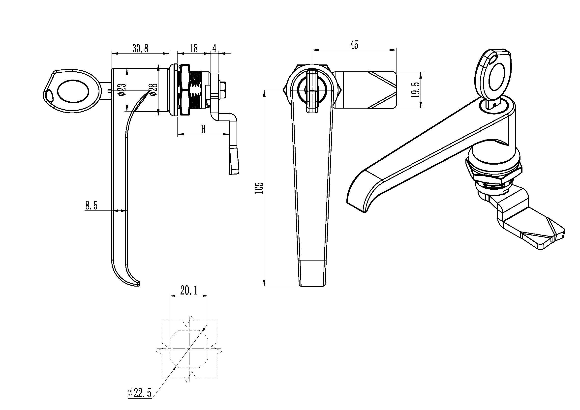 Hygienic quarter-turn lock with L-grip and key