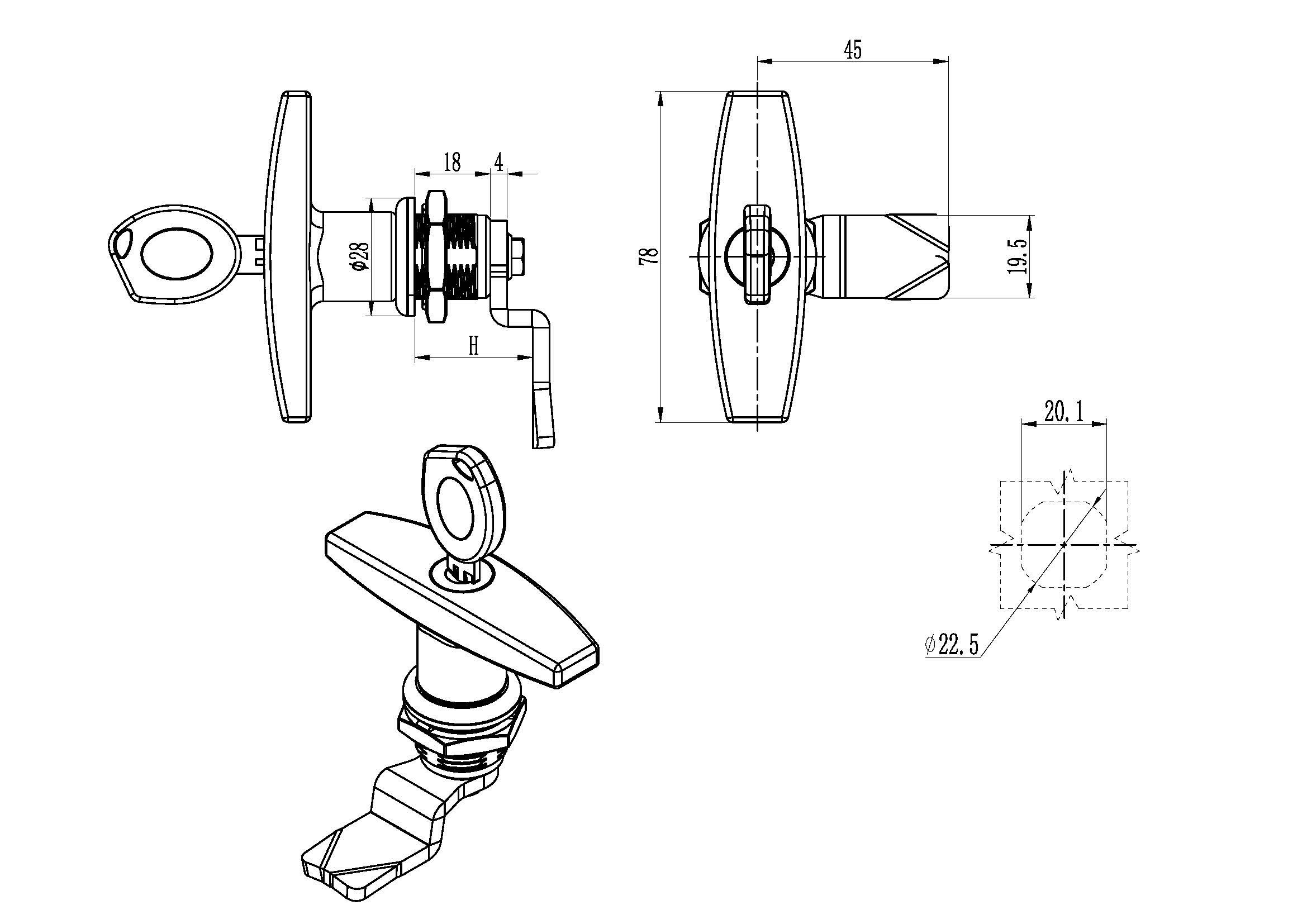 Hygienic quarter-turn lock with key