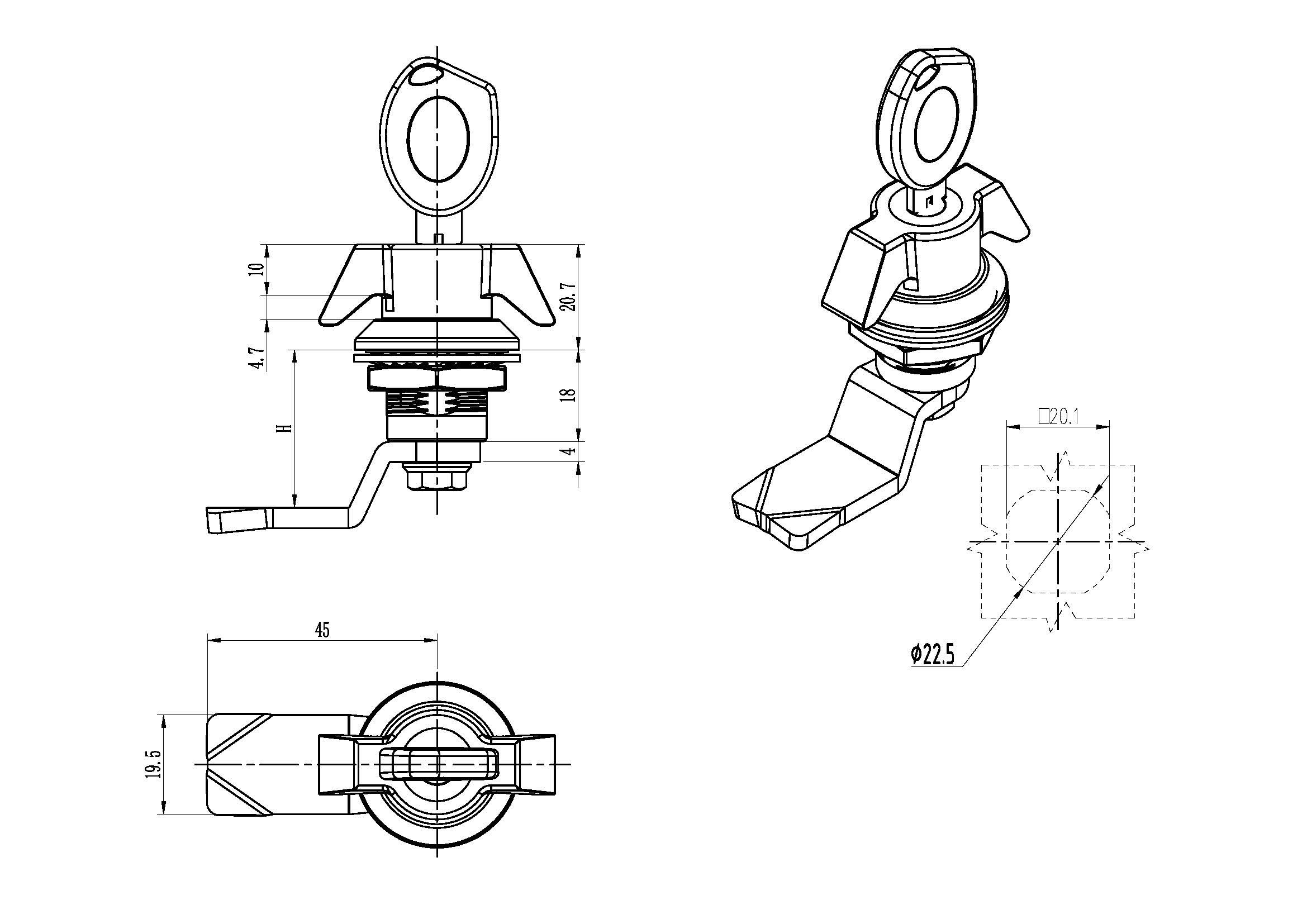 Quarter-turn lock with wing grip and key